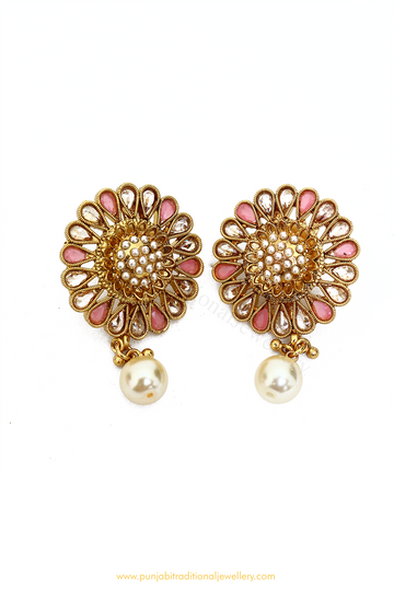 Antique Gold Finished Pink Polki Studs By PTJ
